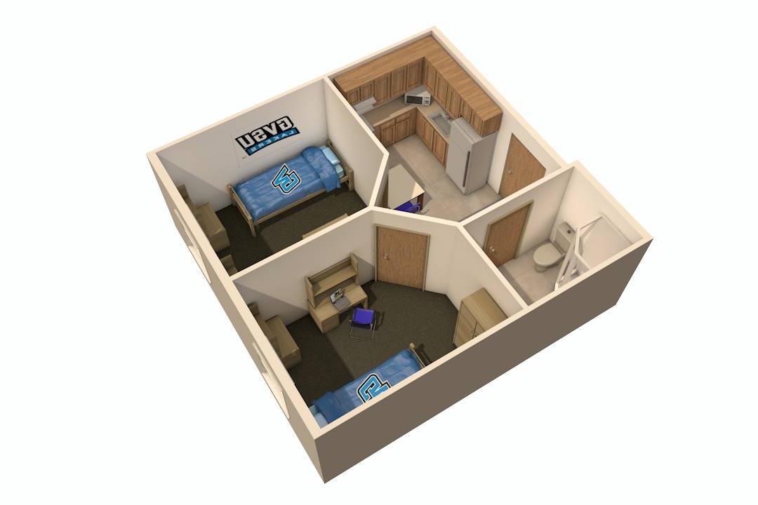 A floor plan of Grand Valley's two-bedroom Winter Hall.